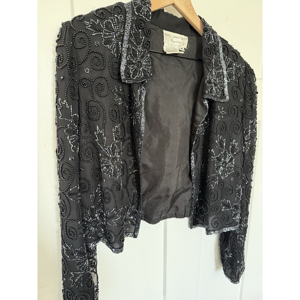 PAPELL Boutique Evening Medium Beaded Silk Jacket Black Silver Embellished Flora